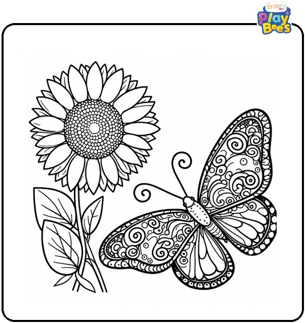 Butterfly and Sunflower Coloring Page