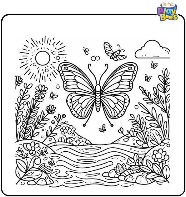 Butterfly on River Coloring Page