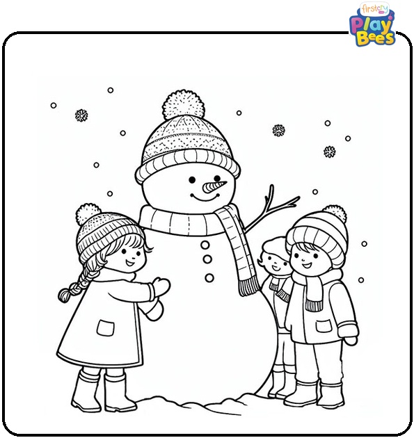 Children with Snowman Coloring Page Children with Snowman Coloring Page