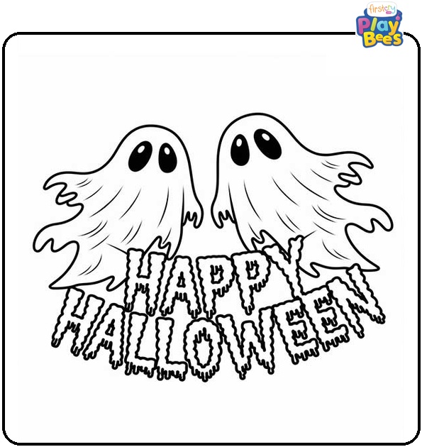 Ghosts with Happy Halloween Text Coloring Page Ghosts with Happy Halloween Text Coloring Page