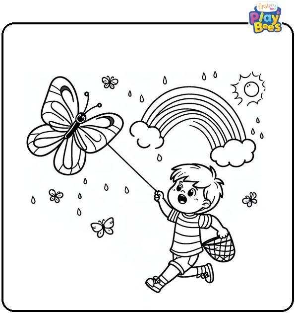 Kid-Catching-a-Butterfly Coloring Page