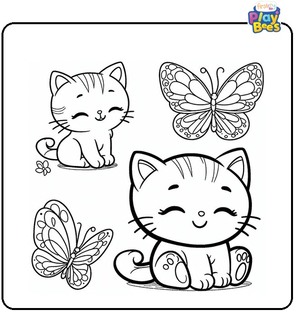 Kitty and Butterfly Coloring Page