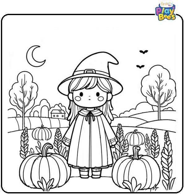 Witch in Pumpkin Field Coloring Page Witch in Pumpkin Field Coloring Page