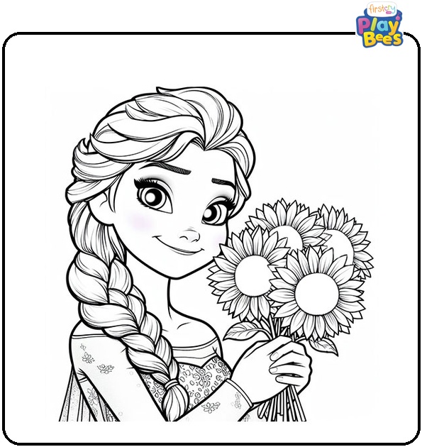 Anna Holds Sunflowers with Elsa Coloring Page