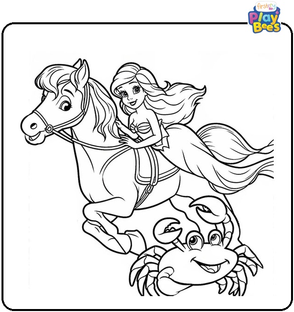 Ariel Swimming with Flounder and Sebastian Coloring Page