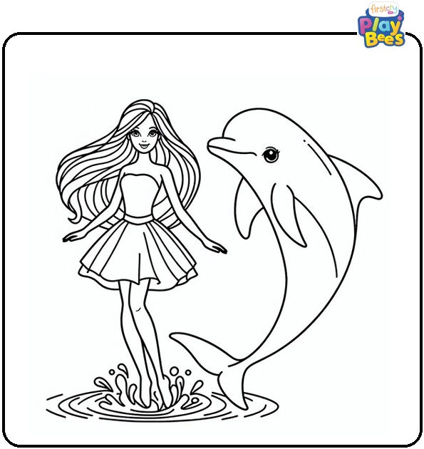 Barbie and Dolphin Coloring Page