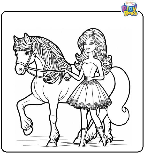 Barbie and Horse Coloring Page
