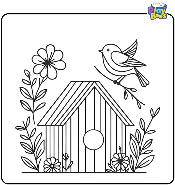 Bird House With Flowers And Bird Coloring Page