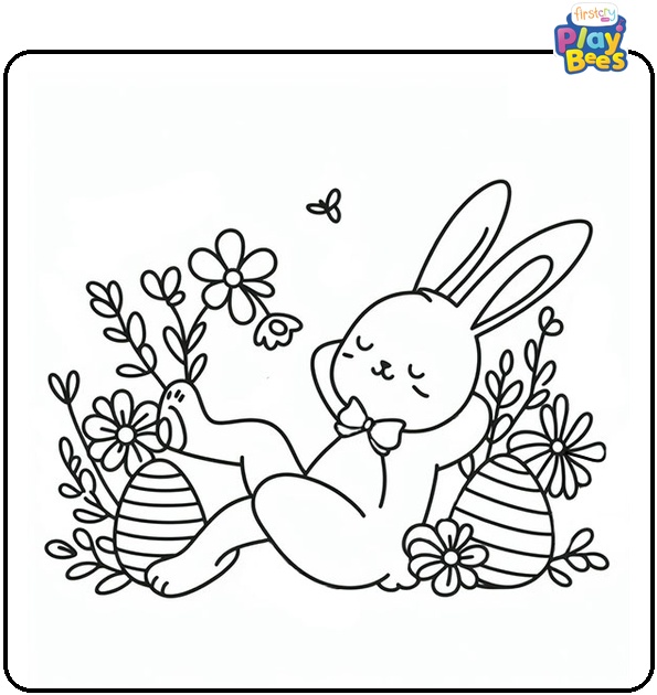 Easter Bunny Relaxing in the Flowers Coloring Page