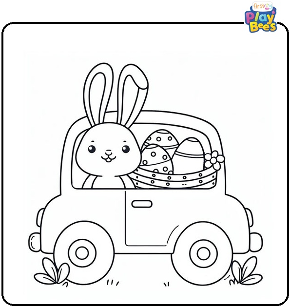Easter Bunny and Eggs in a Car Coloring Page