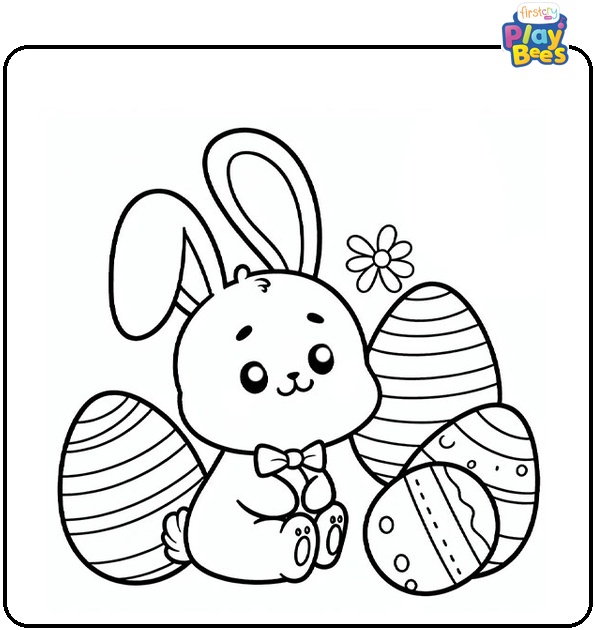 Easter Bunny and Four Eggs Coloring Page