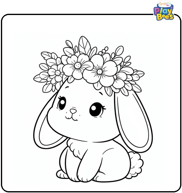 Easter Bunny with Flowers on Her Head Coloring Page