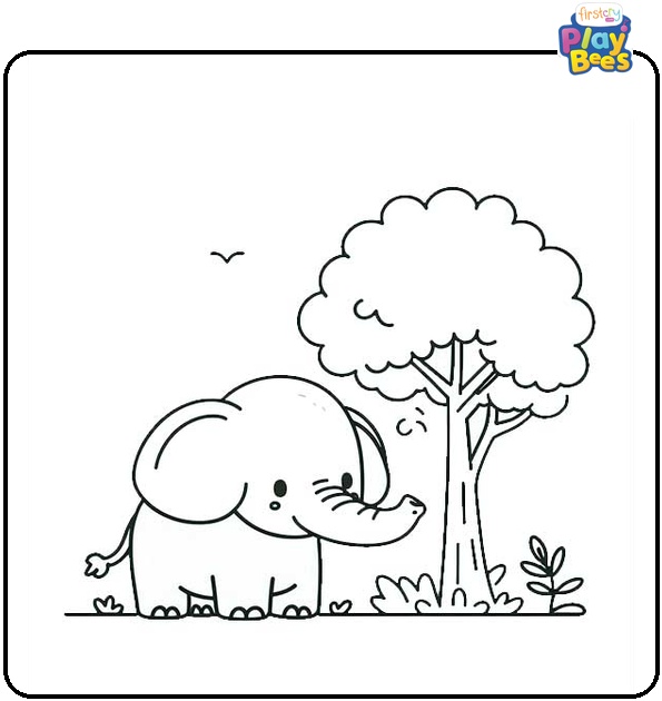 Elephant Near a Tree Coloring Page