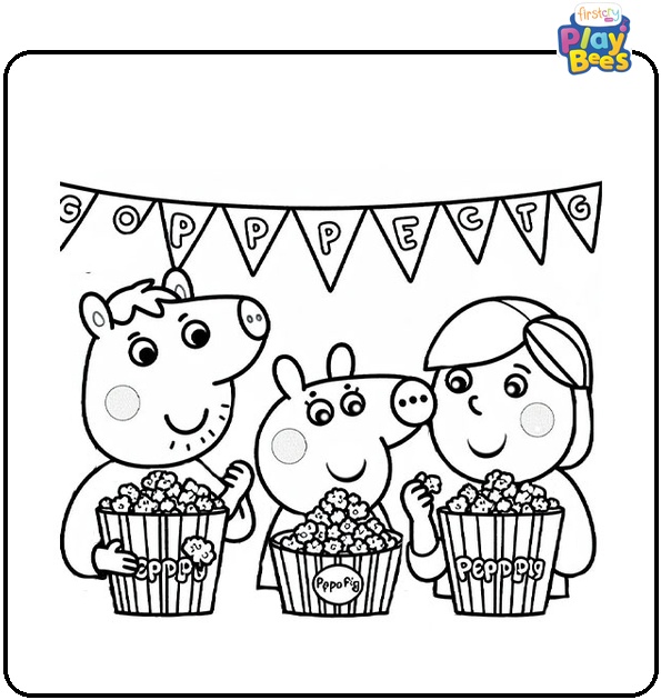 Family Eating Popcorn with Peppa Pig Coloring Page Family Eating Popcorn with Peppa Pig Coloring Page
