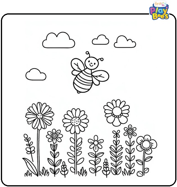 Flowers & Bee Coloring Page