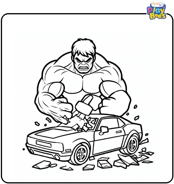 Hulk Crushing the Car in Anger Coloring Page Hulk Crushing the Car in Anger Coloring Page