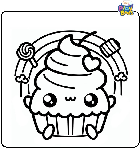 Kawaii Cupcake Coloring Page