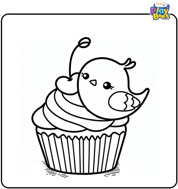 Little Bird Resting on a Cupcake Coloring Page