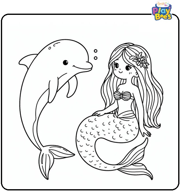 Mermaid and Dolphin Coloring Page