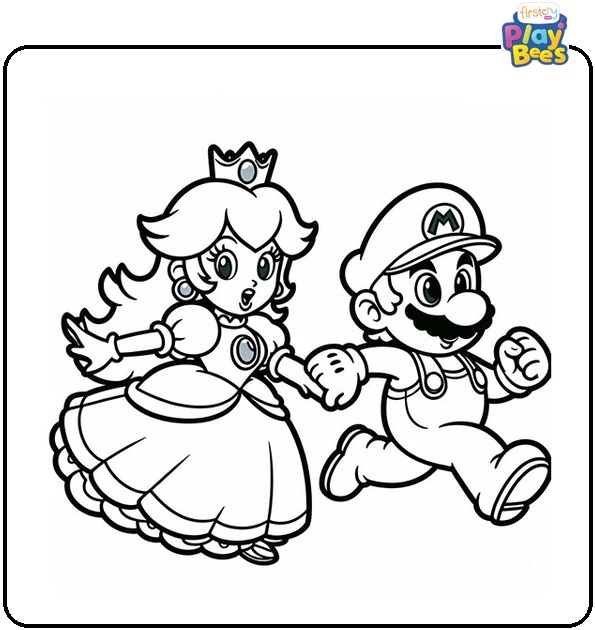 Princess Peach And Mario Running Coloring Page