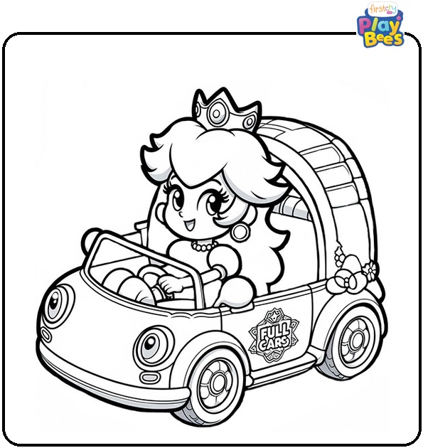 Princess Peach Driving a Car Coloring Page