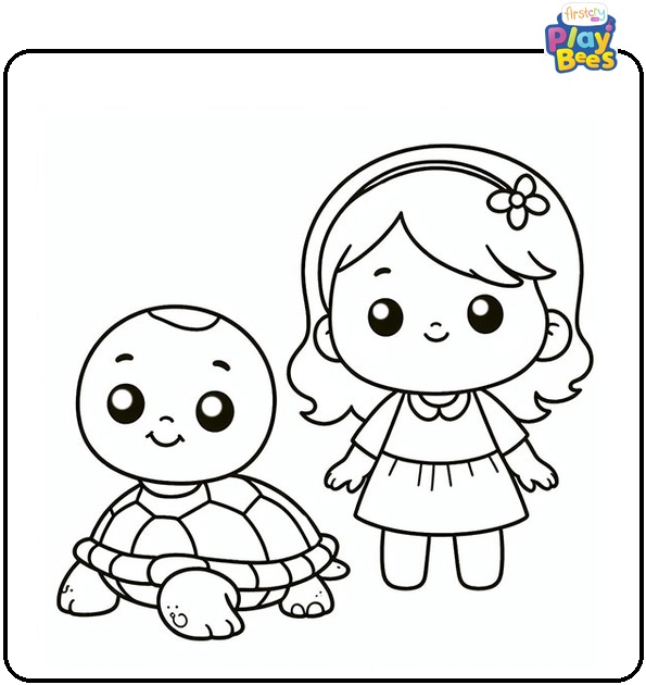 Small Turtle With Little Girl Coloring Page