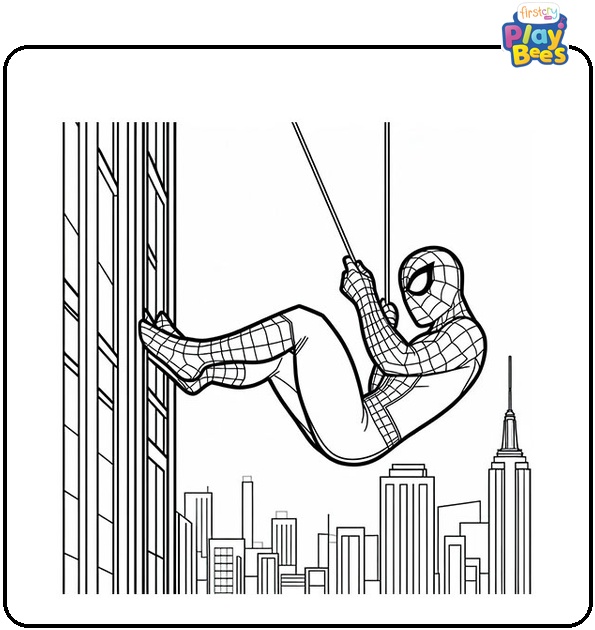 Spiderman Swinging from One Building Coloring Page Spiderman Swinging from One Building Coloring Page