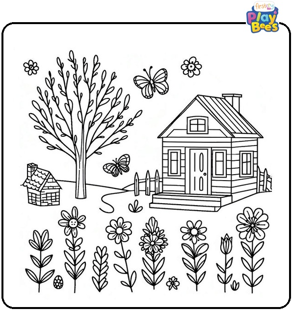 Spring, Flowers, Butterflies, and House Coloring Page
