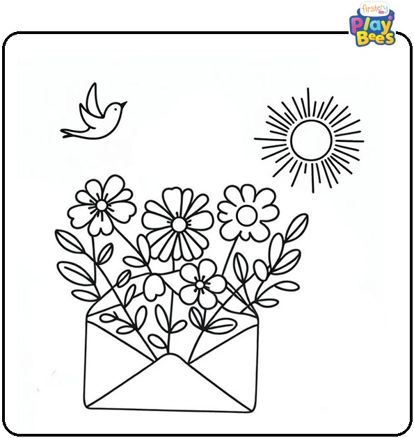 Spring Flowers In Envelopes Coloring Page