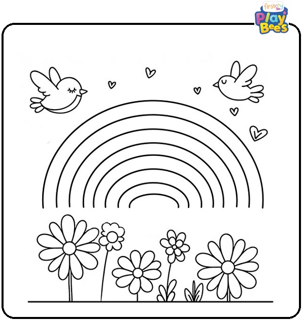 Spring Rainbow With Flowers Coloring Page