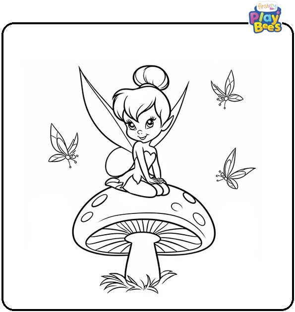 Tinkerbell Sits on the Mushroom Coloring Page Tinkerbell Sits on the Mushroom Coloring Page