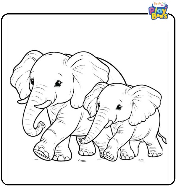 Two Elephants Walking Coloring Page