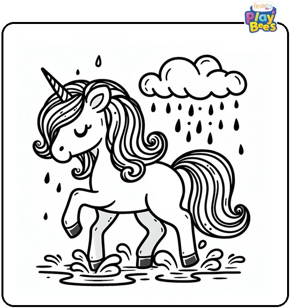 Unicorn Walking On Rain Coloring Page