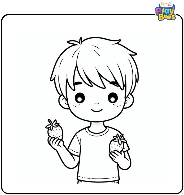 A Boy Holds a Strawberry Coloring Page