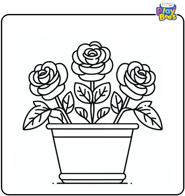 A Flower Pot with Three Roses Coloring Page