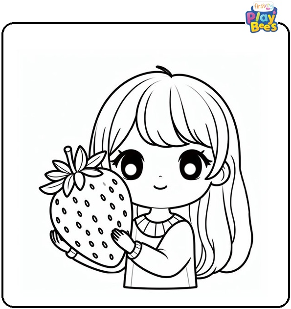 Girl Holding a Strawberry Coloring Page