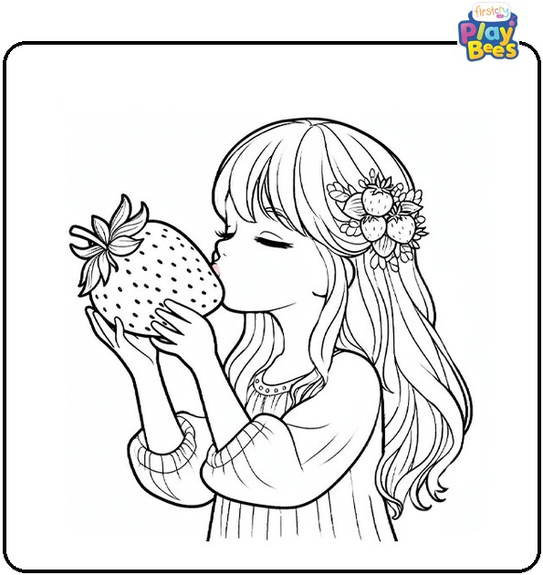Girl Kissing a Strawberry Coloring Page