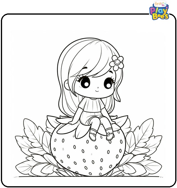 Girl Sitting on a Strawberry Coloring Page