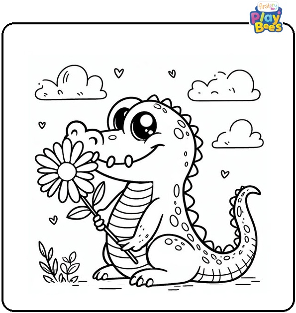 Alligator with Flower in Mouth Coloring Page Alligator with Flower in Mouth Coloring Page
