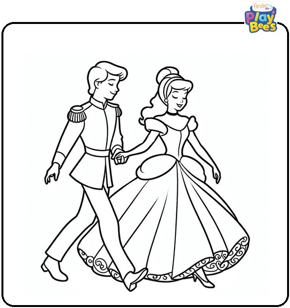 Cinderella Walking with Her Prince Coloring Page Cinderella Walking with Her Prince Coloring Page