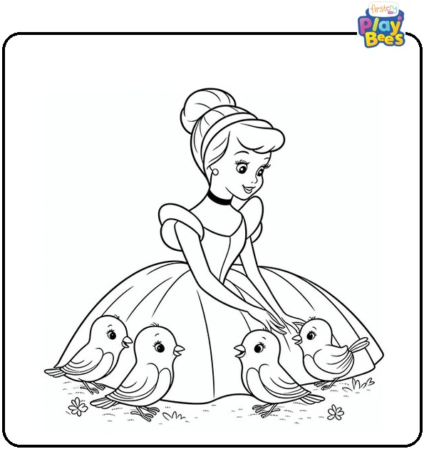 Cinderella and Three Birds Coloring Page Cinderella and Three Birds Coloring Page