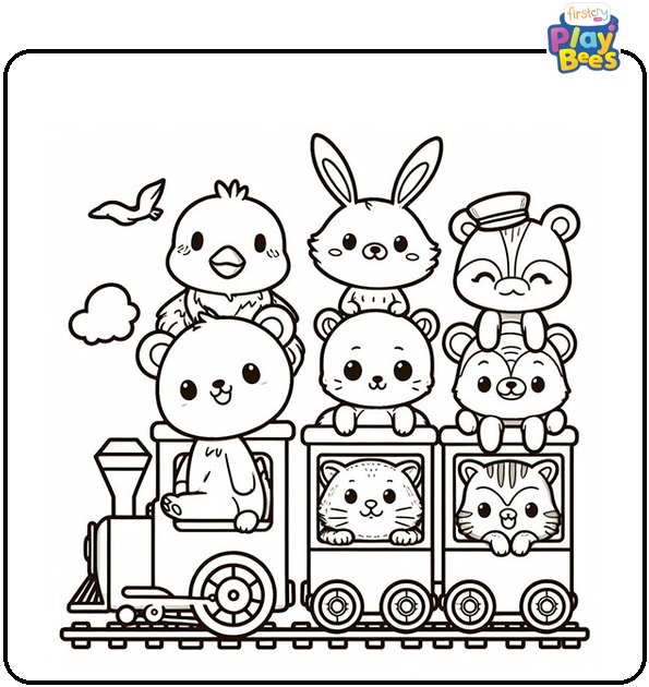 Cute Animals on the Train Coloring Page