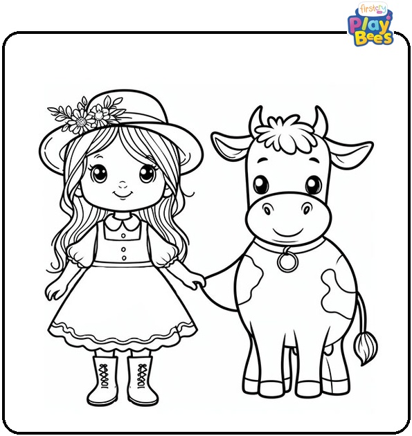 Farm Girl with Cow Coloring Page Farm Girl with Cow Coloring Page