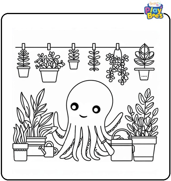 Gardening Octopus with Plants Coloring Page Gardening Octopus with Plants Coloring Page