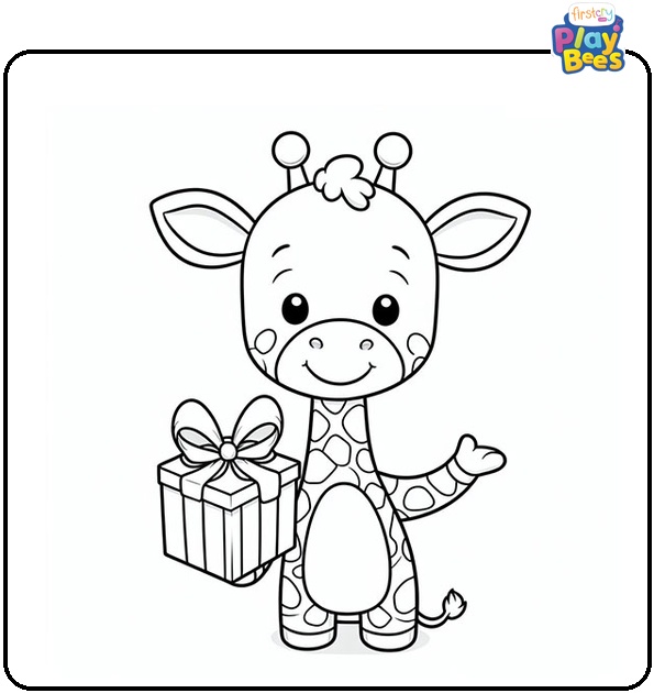 Giraffe Holds a Gift Coloring Page Giraffe Holds a Gift Coloring Page