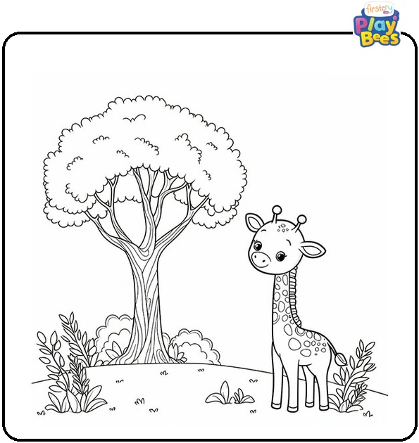 Giraffe Under the Tree Coloring Page Giraffe Under the Tree Coloring Page