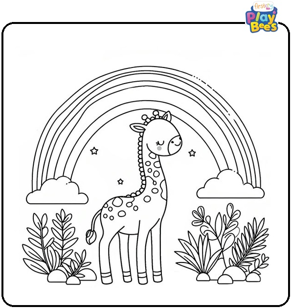 Giraffe and a Rainbow Coloring Page Giraffe and a Rainbow Coloring Page