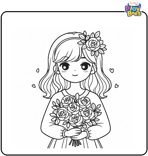 Girl Holding a Rose Bouquet Coloring Page