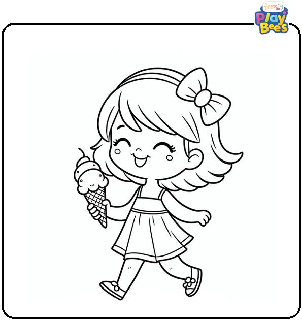 Happy Girl Walking with Ice Cream Coloring Page