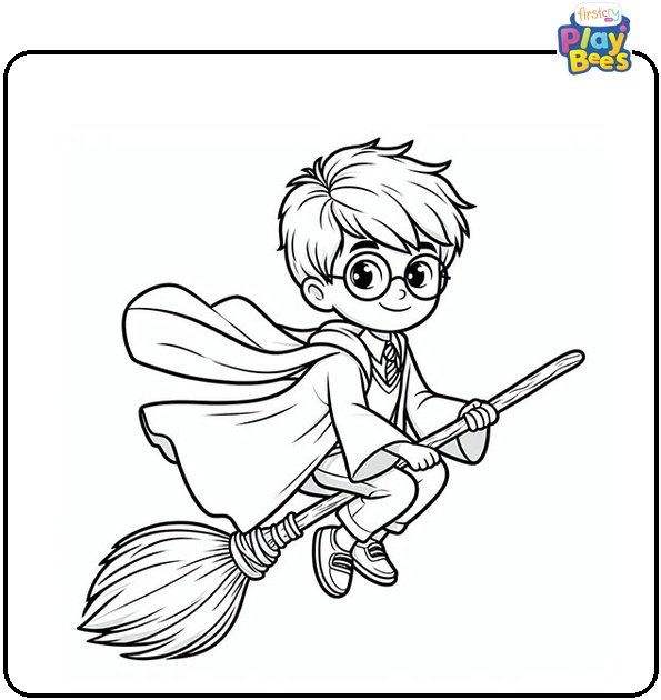 Harry Potter and Flying Broom Coloring Page